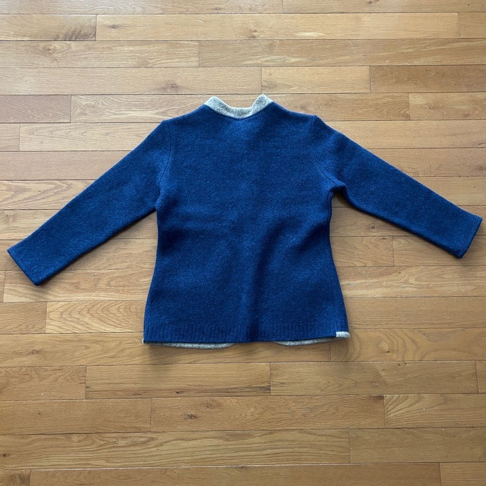 Handstrickerei Irmtraud Lanz Blue Wool Jacket Beige Trim Women’s L - Picture 2 of 16